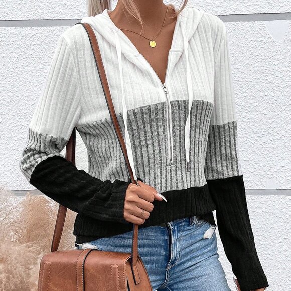 Multicolor Casual Women's Color Block Half Zip Drawstring Hooded Tee - Picture 5 of 6